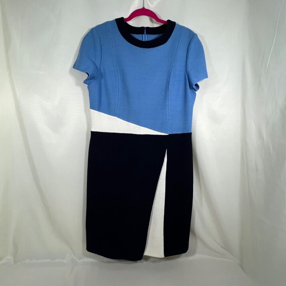 St. John Collection Colorblock Knit Sheath Dress Blue White Size 12 Made in USA
